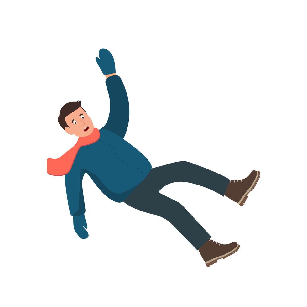 The man slipped on the ice. Boy falls, waving his hands. Slippery winter road. Vector flat design illustration.