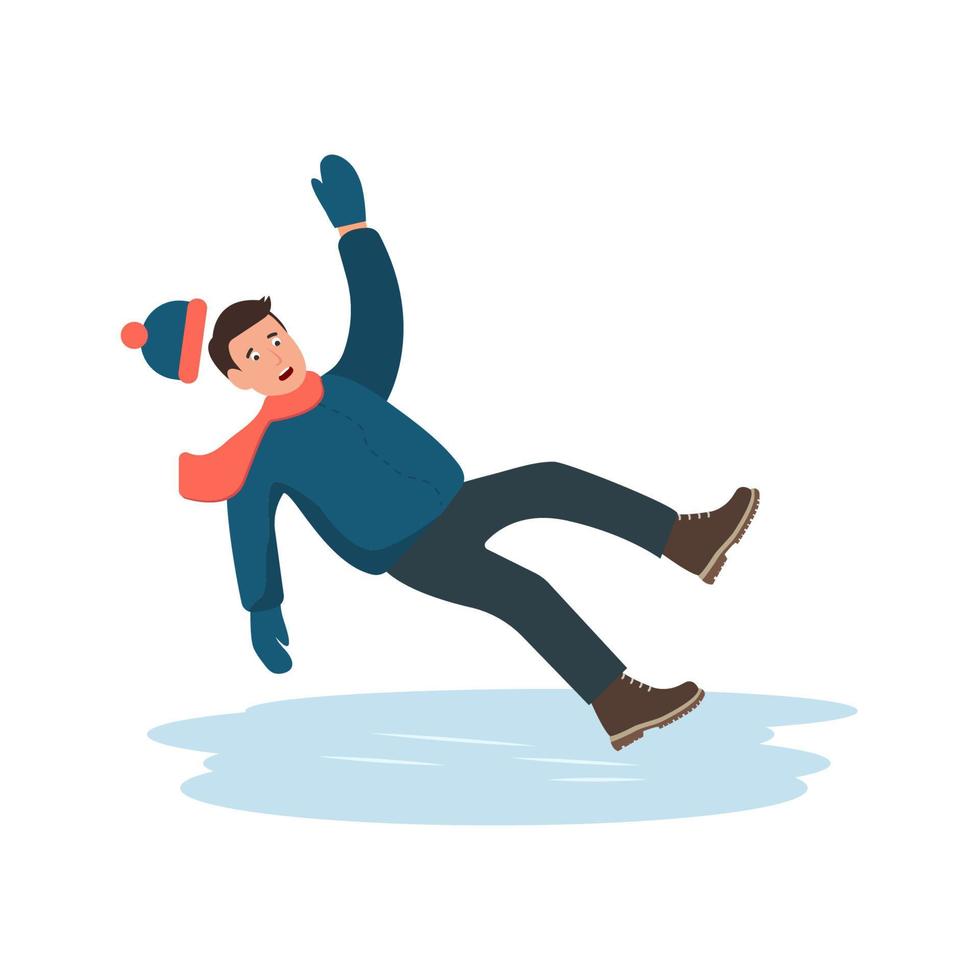 el hombre resbaló en el hielo. niño cae, agitando las manos. camino de invierno resbaladizo. ilustración de diseño plano vectorial. vector