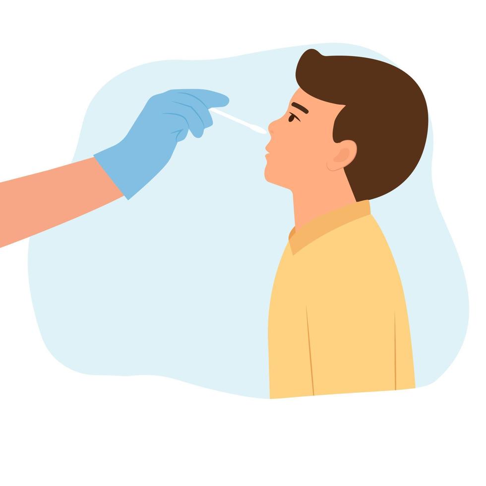 Boy receiving a covid19 coronavirus or DNA testing by medical staff, doctor or nurse.PCR test, influenza check, nasal swab laboratory test diagnosis of influenza.  Flat Vector Illustration.