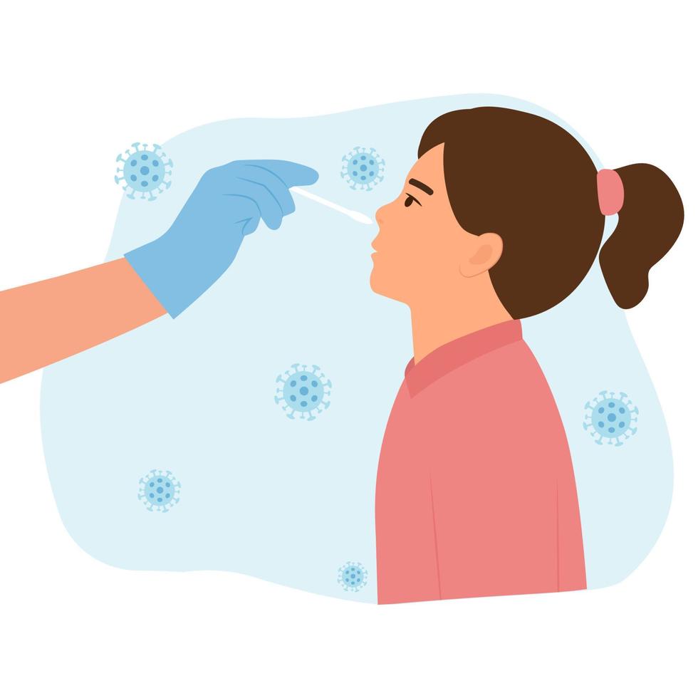 Girl receiving a covid19 coronavirus or DNA testing by medical staff, doctor or nurse.PCR test, influenza check, nasal swab laboratory test diagnosis of influenza.  Flat Vector Illustration.