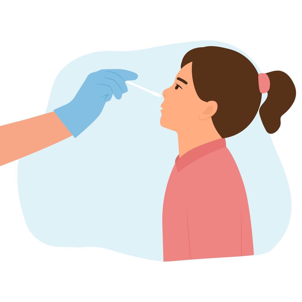 Girl receiving a covid19 coronavirus or DNA testing by medical staff, doctor or nurse.PCR test, influenza check, nasal swab laboratory test diagnosis of influenza.  Flat Vector Illustration.