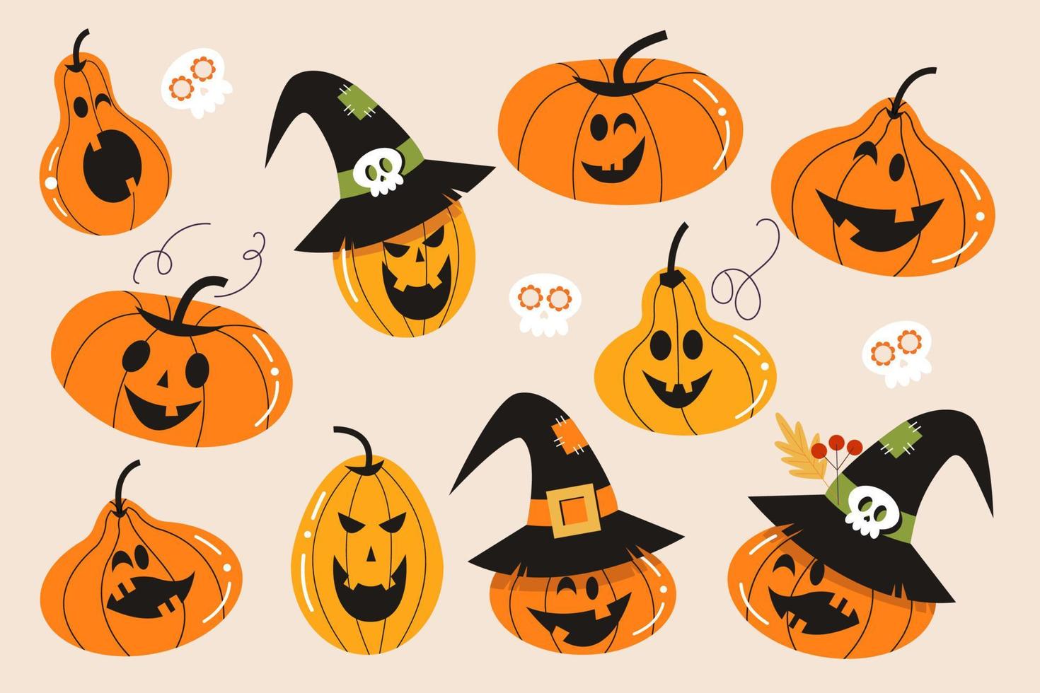 Happy Halloween. A set of orange and yellow scary and funny pumpkins. Vector illustration.