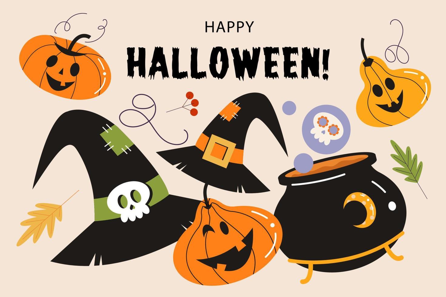 Happy Halloween vector poster, banner, invitation with orange scary and funny pumpkins.