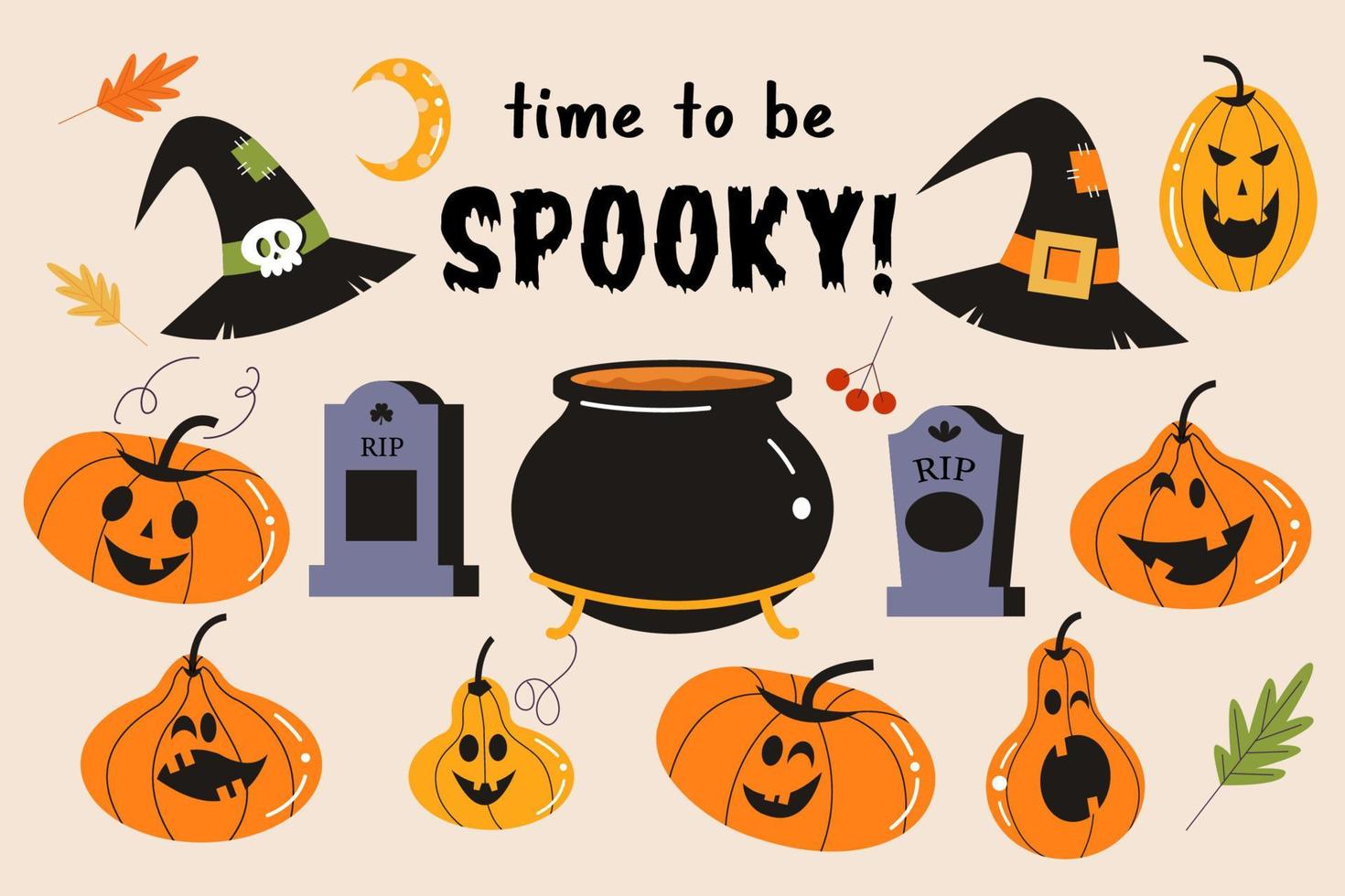 A set of orange and yellow scary and funny pumpkins, tombstones and witch hats. Vector illustratio