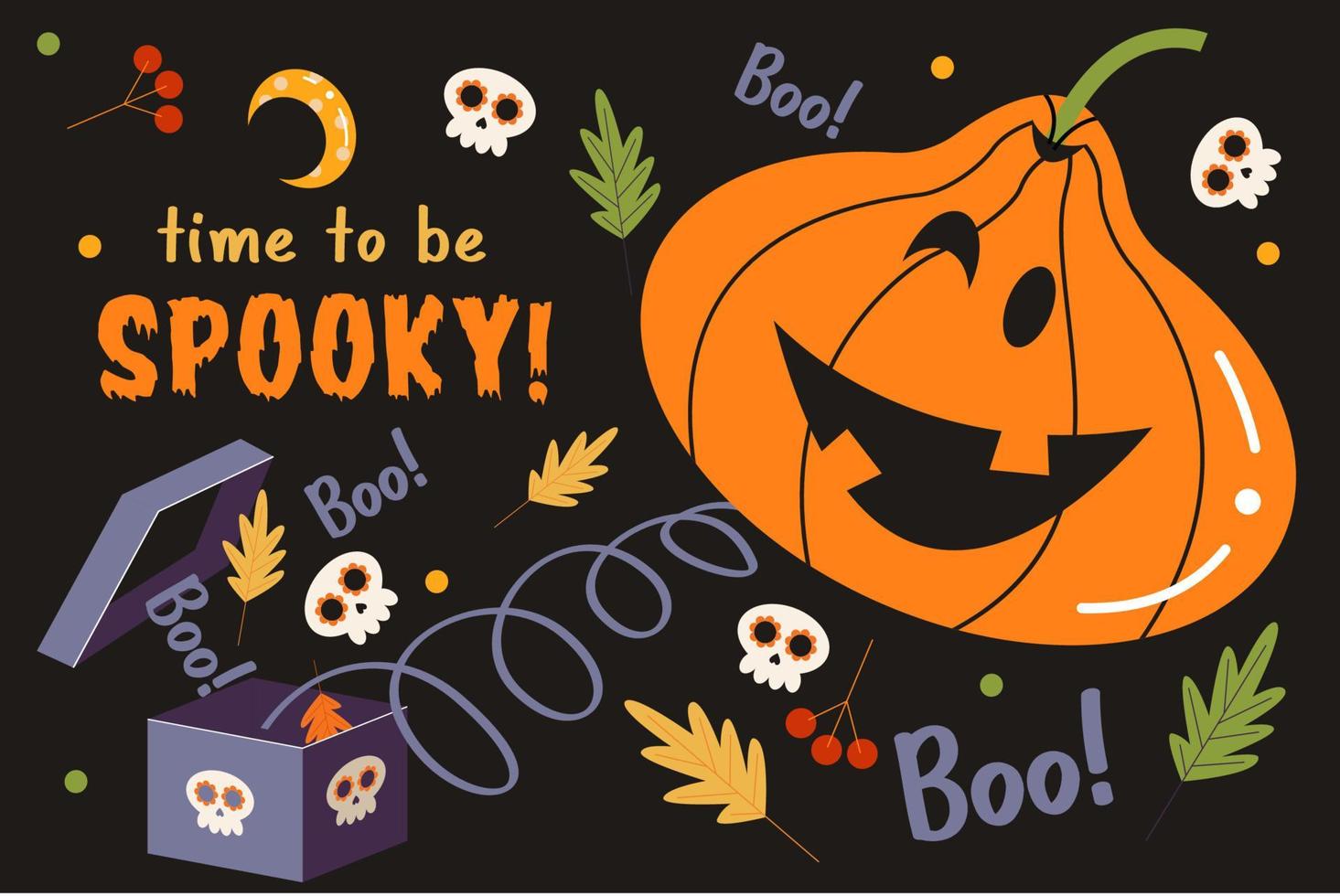 Happy Halloween vector poster, banner, invitation with orange scary and funny pumpkins.