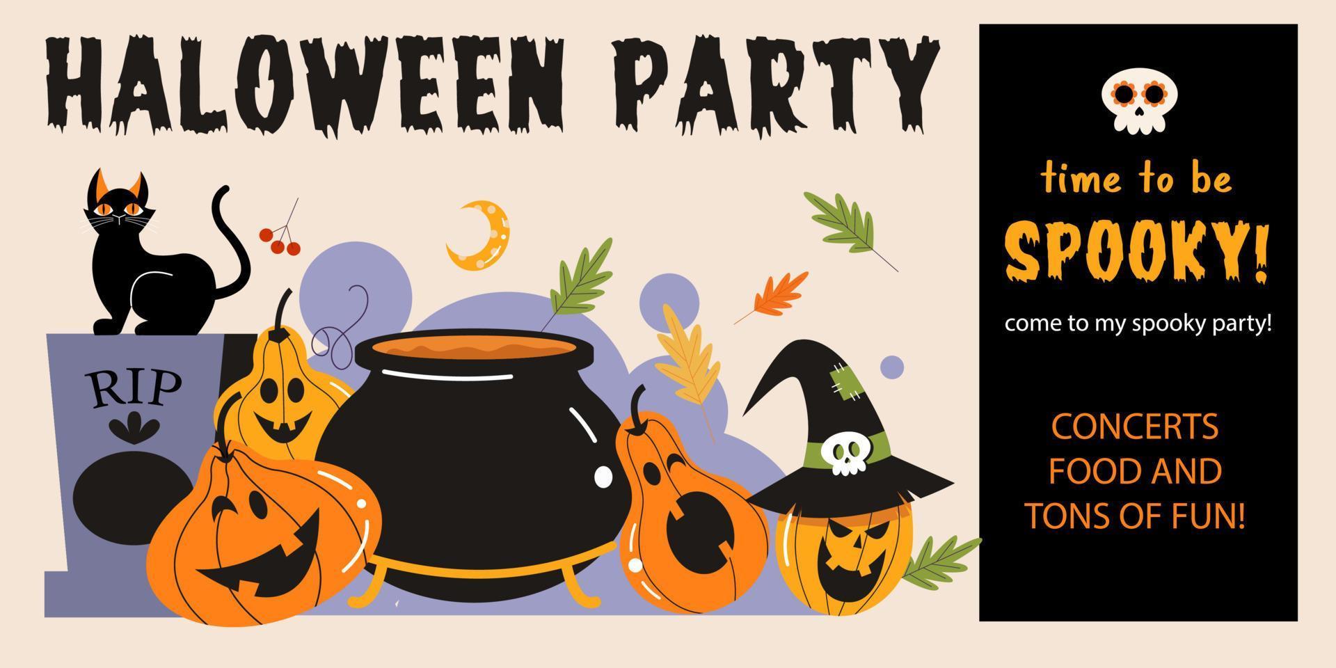 Happy Halloween vector poster, banner, invitation with orange scary and funny pumpkins.