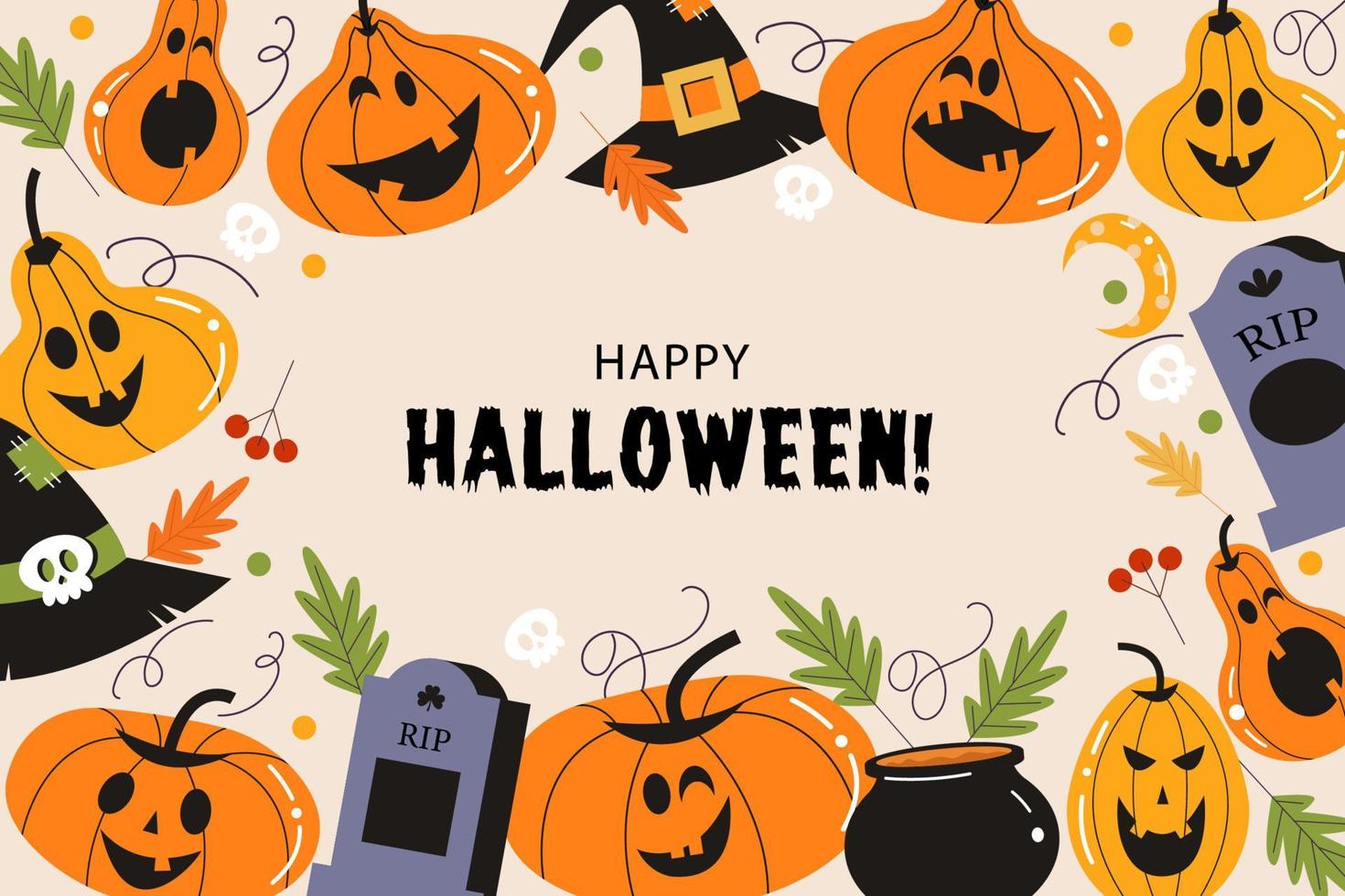 Happy Halloween vector poster, banner, invitation with orange scary and funny pumpkins.