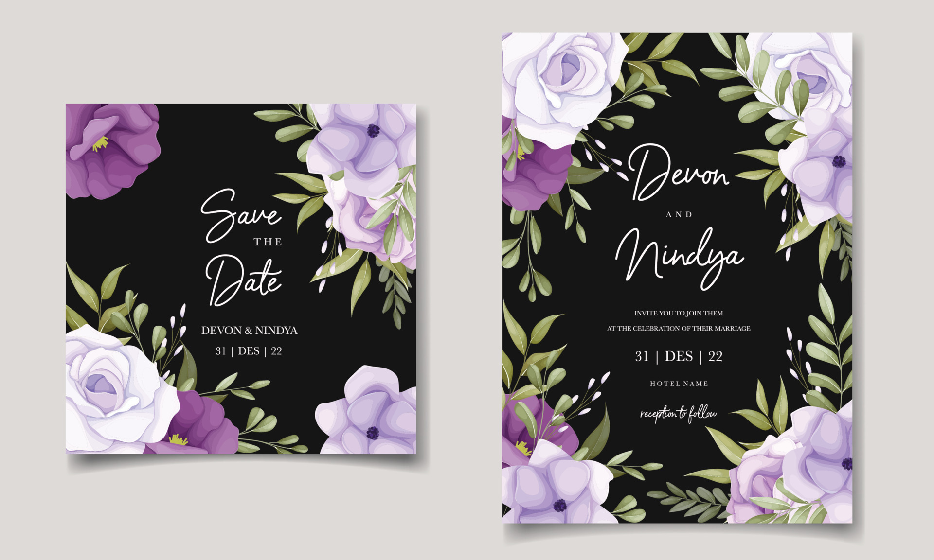 Beautiful purple flower wedding invitation card design 12678921 Vector