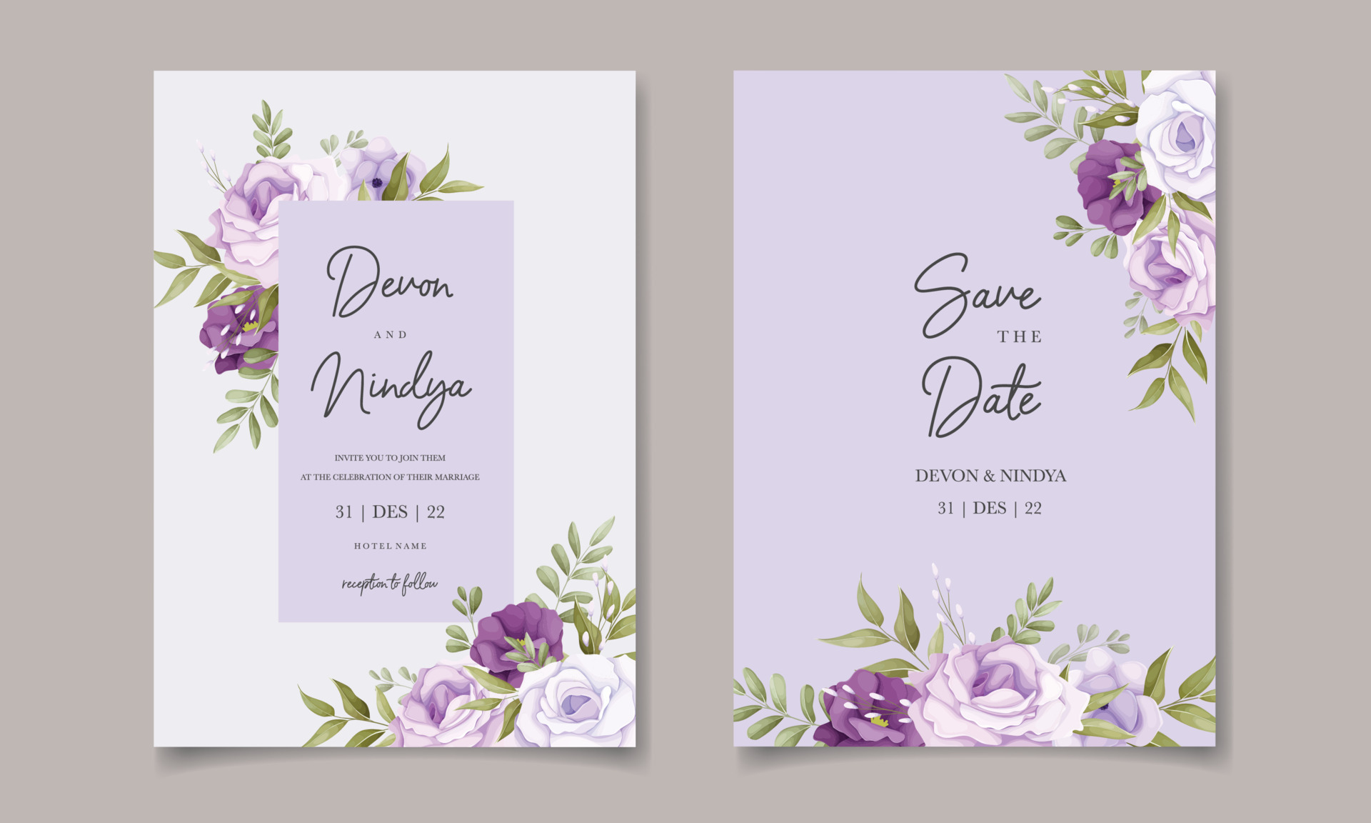Beautiful purple flower wedding invitation card design 12678927 Vector
