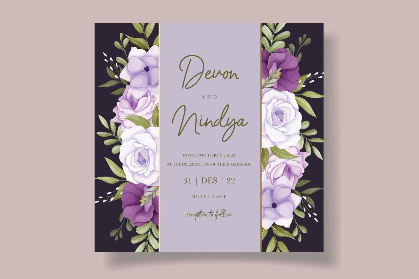 Beautiful purple flower wedding invitation card design vector