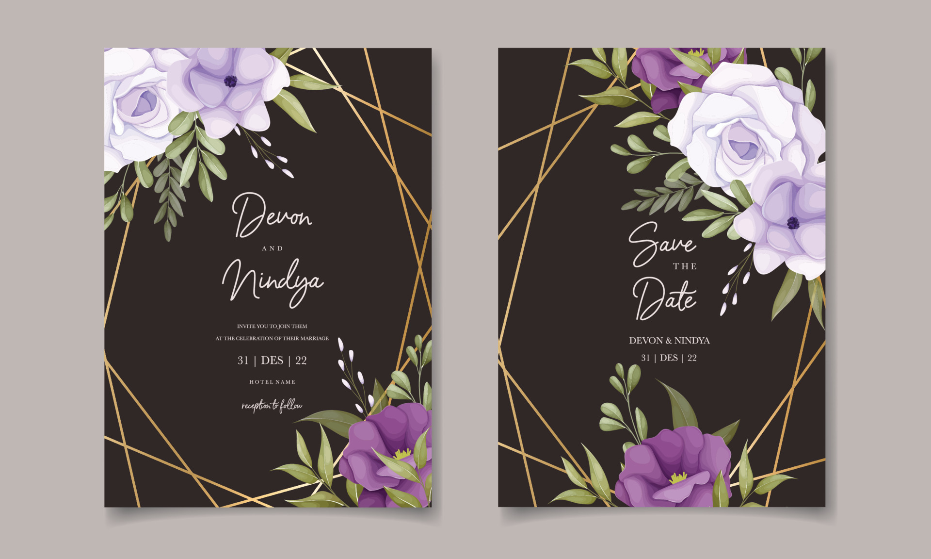 Beautiful purple flower wedding invitation card design 12678936 Vector