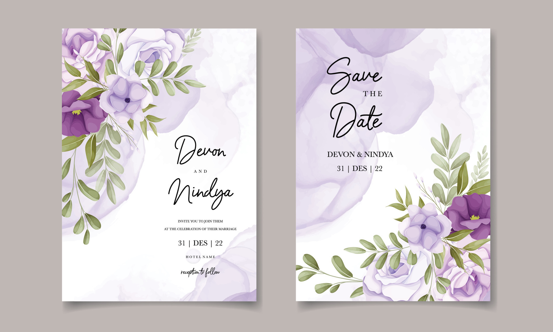 Beautiful purple flower wedding invitation card design 12678938 Vector