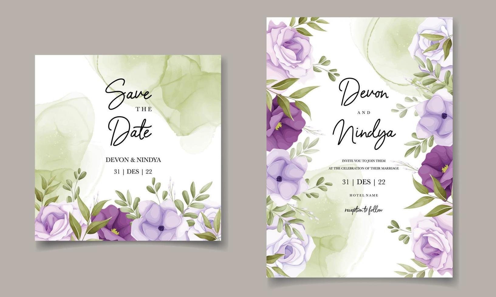 hermoso diseño de tarjeta de invitación de boda de flor morada vector