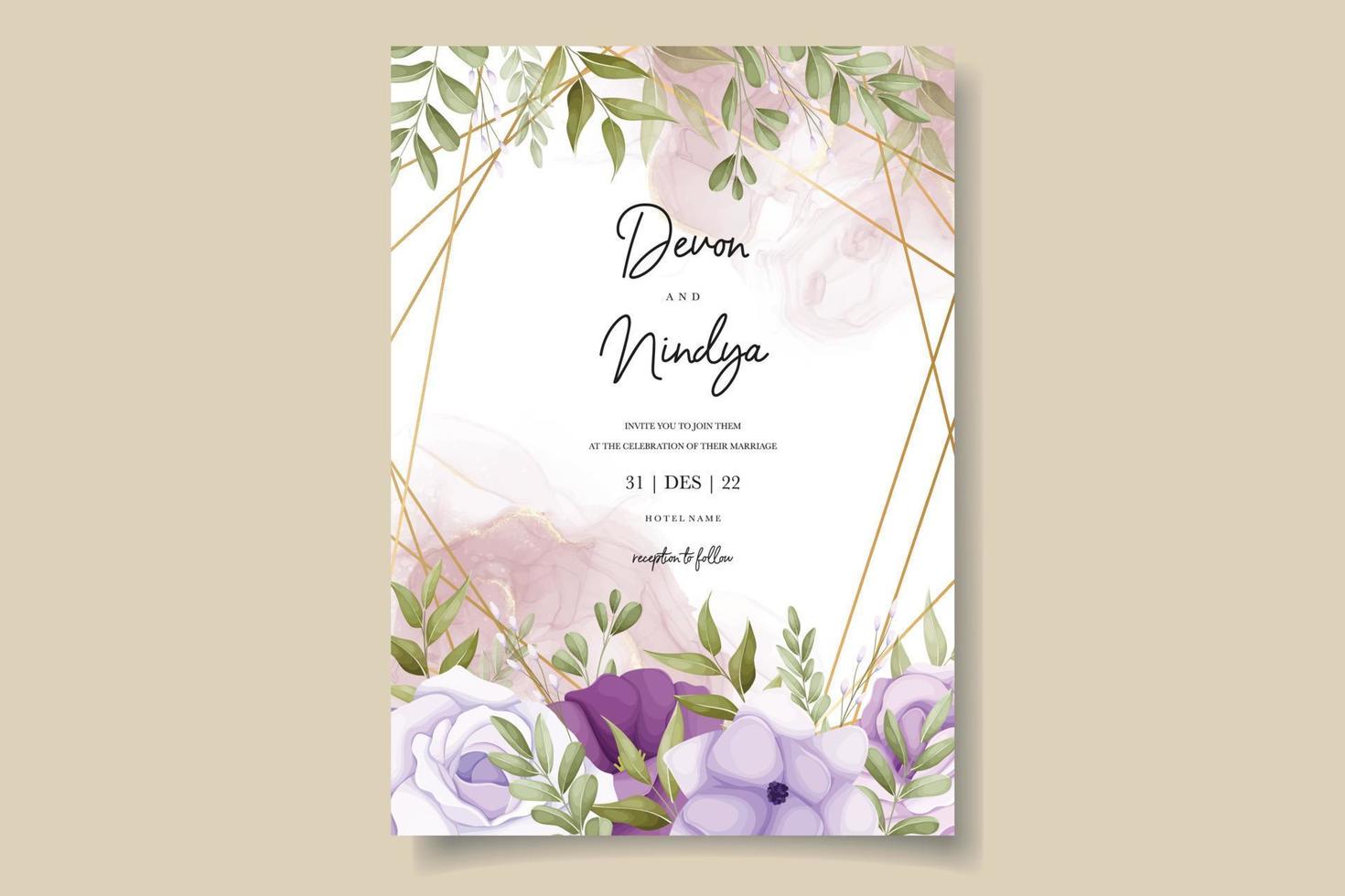 Beautiful purple flower wedding invitation card design vector