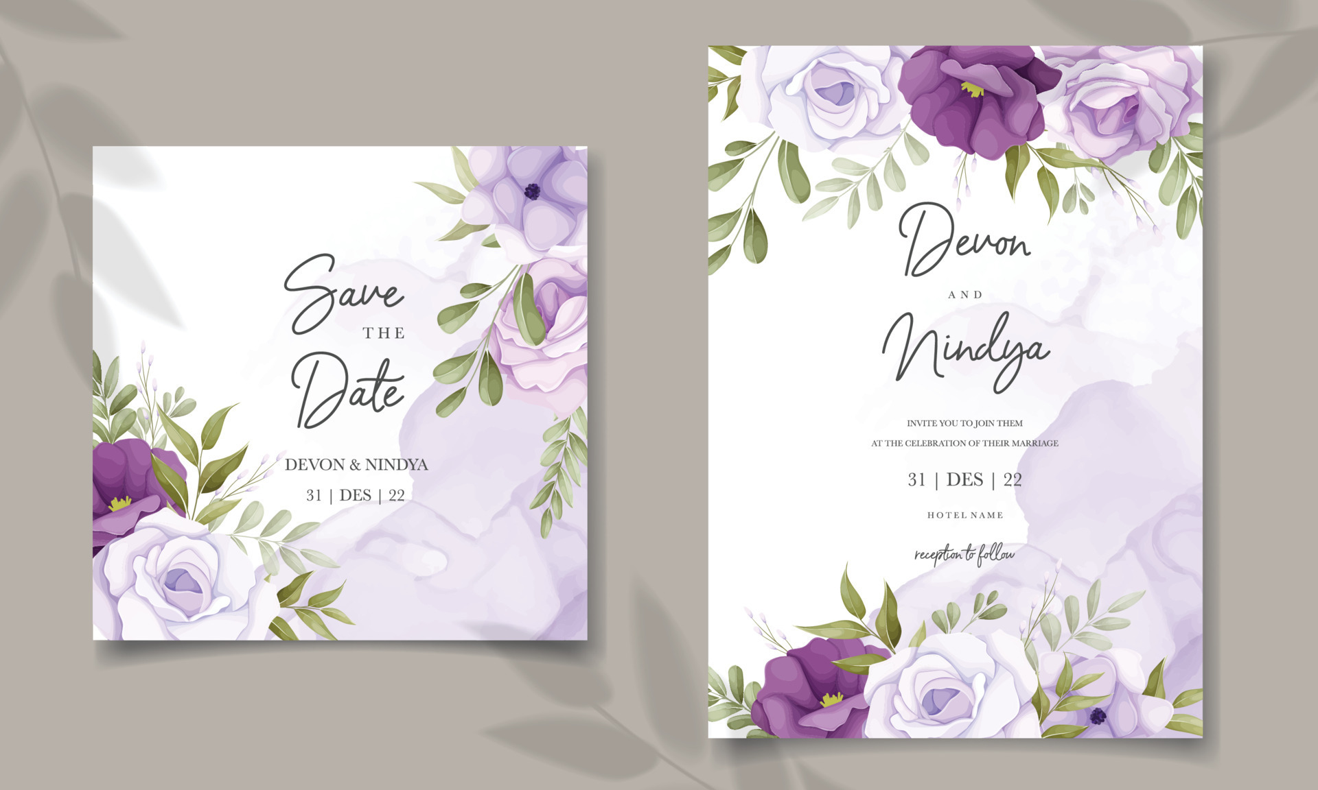 Beautiful purple flower wedding invitation card design 12678945 Vector