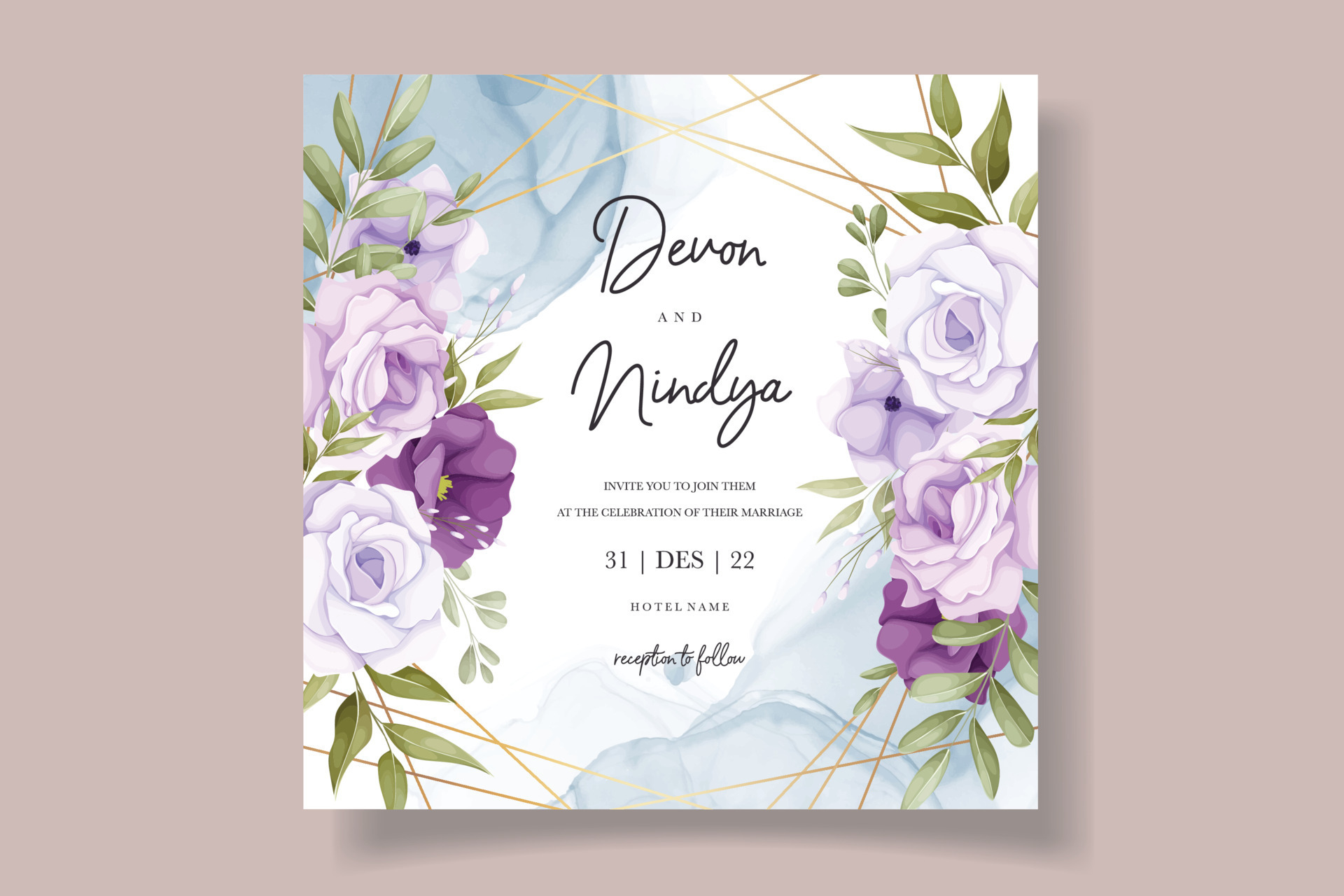 Beautiful purple flower wedding invitation card design 12678963 Vector