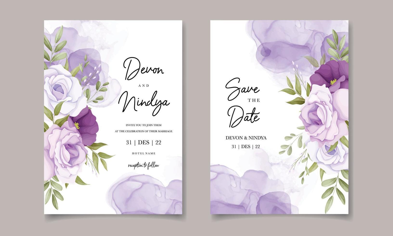 Beautiful purple flower wedding invitation card design vector
