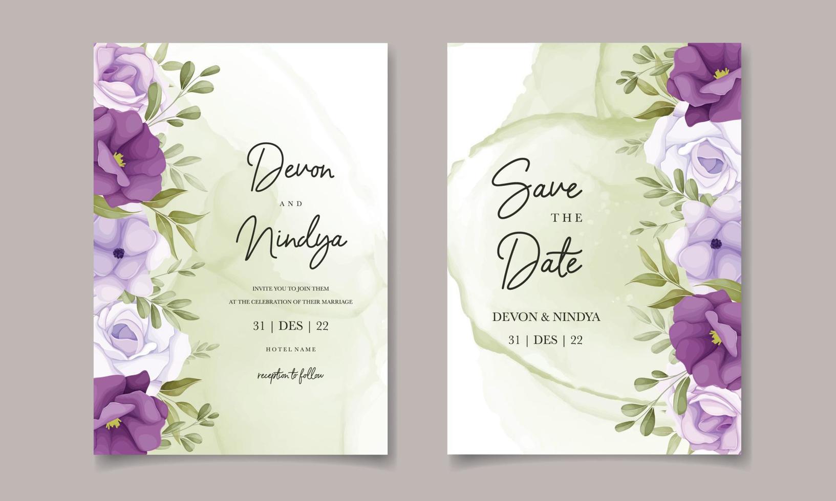 Beautiful purple flower wedding invitation card design vector