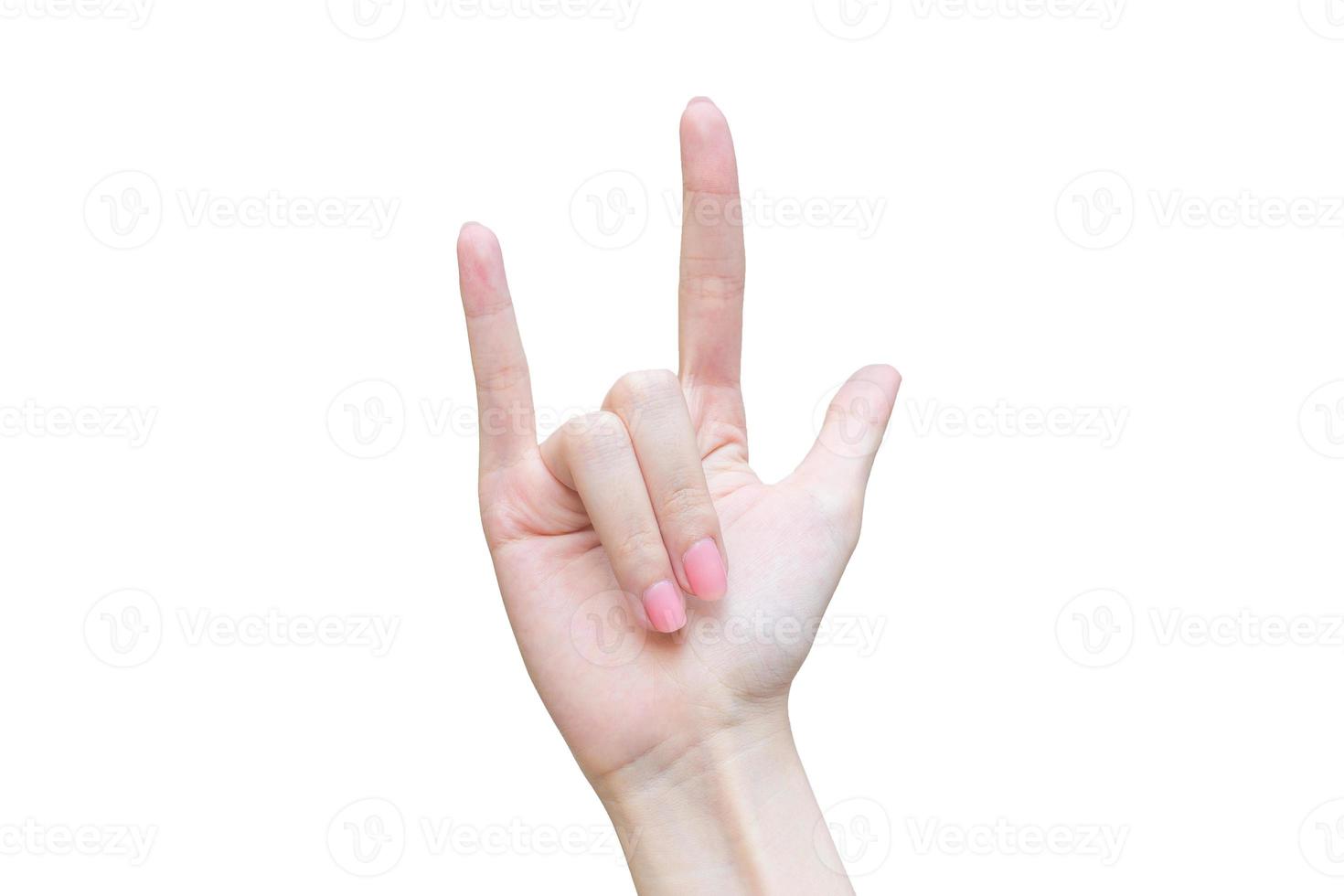 Female fingers and hands while acts sign as I love you symbol on isolated white background. photo