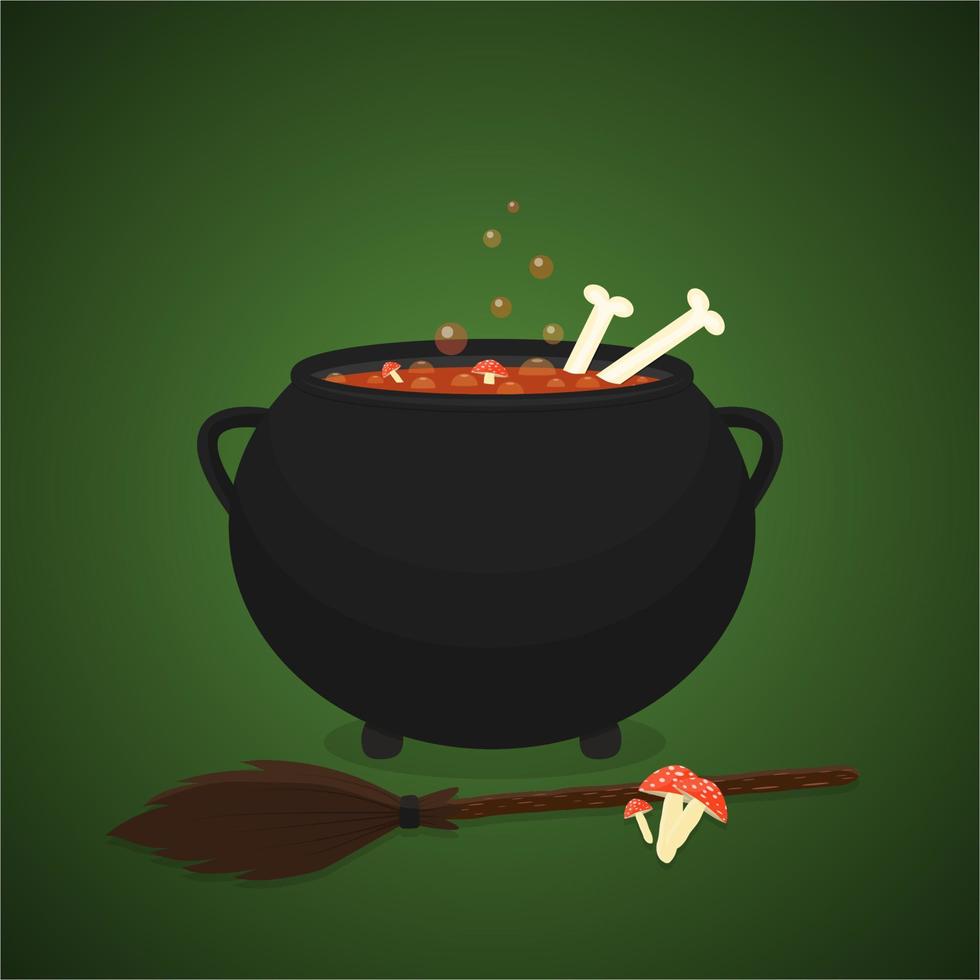 Magic cauldron of boiling amanita and bone potion vector