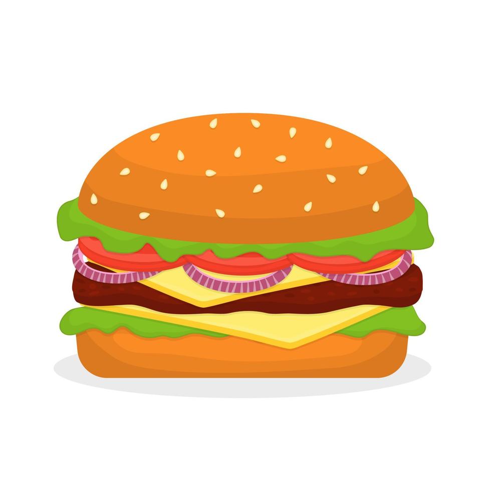 Burger with cutlet, cheese, red onion, tomatoes and salad vector
