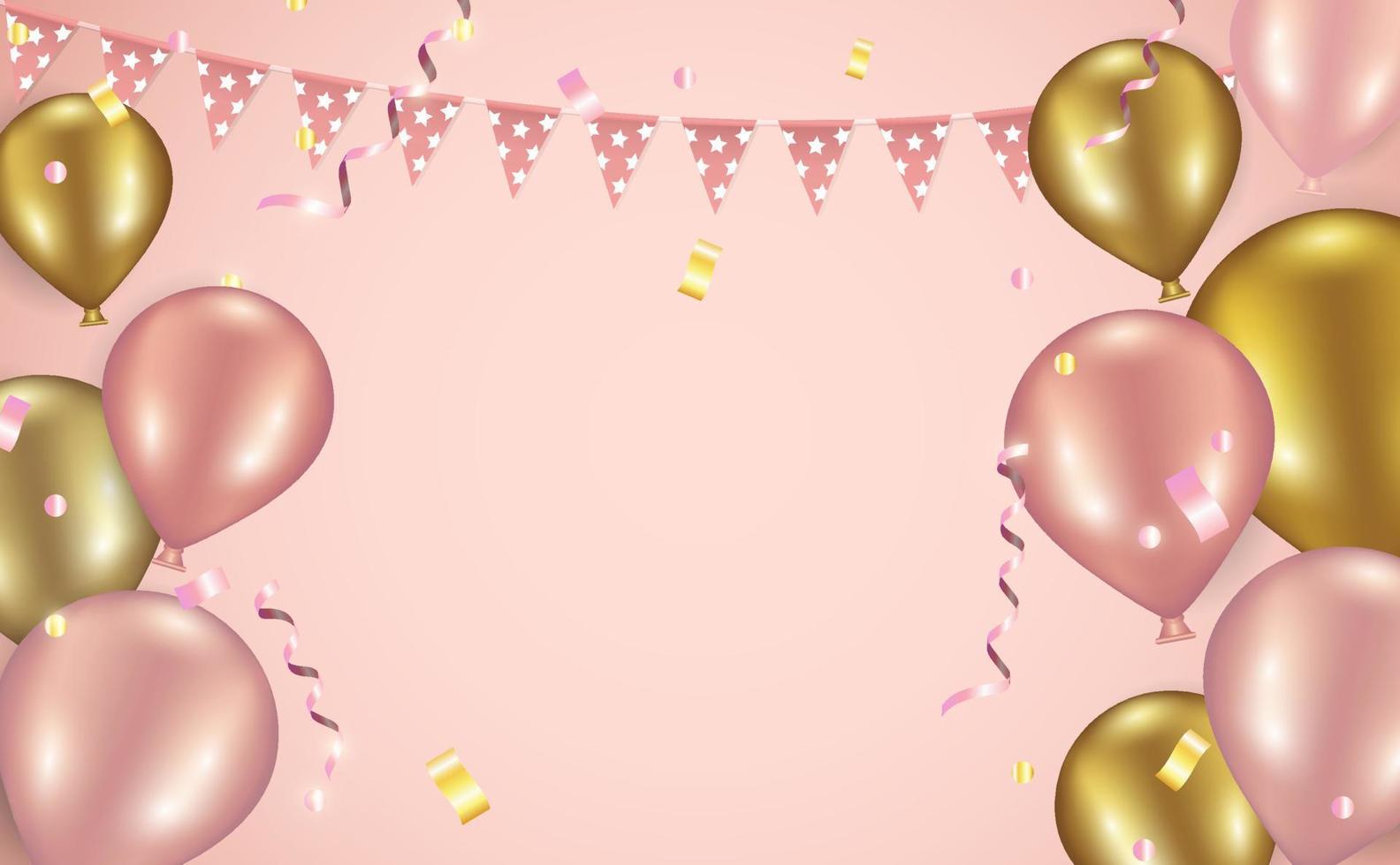 Festive pink background with balloons, garland of flags and serpentine vector