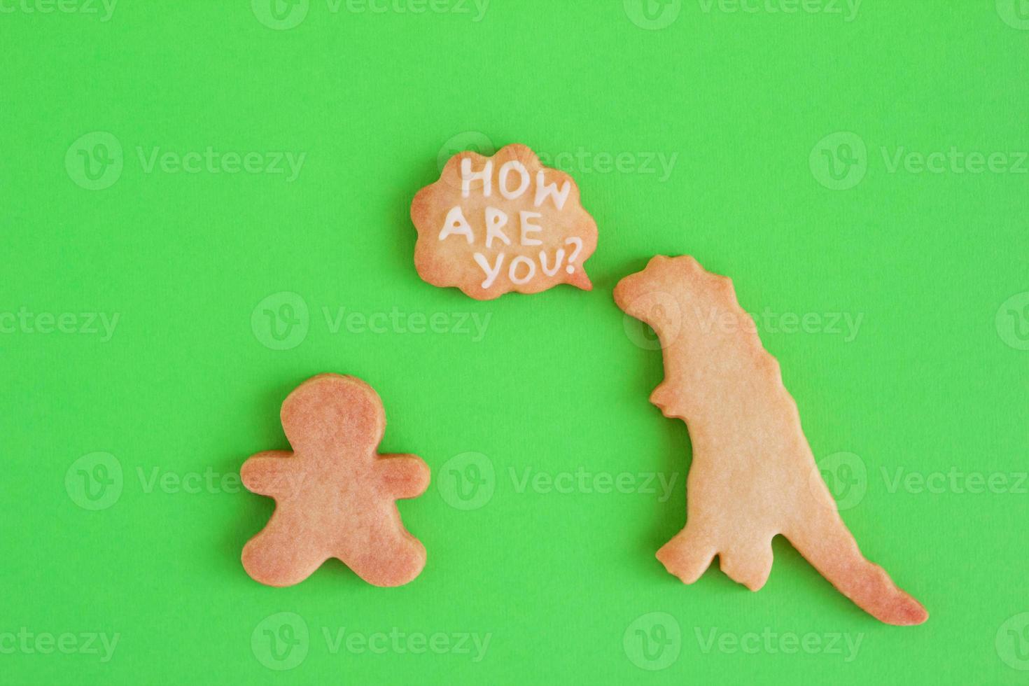 Homemade cookies in shapes of dinosaur and man with inscription - How are you - on green background, top view. Sweet shortbread with white glaze. photo
