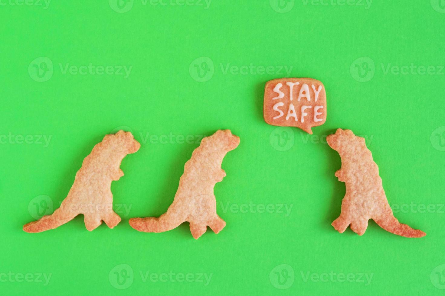 Homemade cookies in shapes of dinosaurs with inscription - Stay safe - on green background, top view. Sweet shortbread with white glaze. Social distancing concept. photo