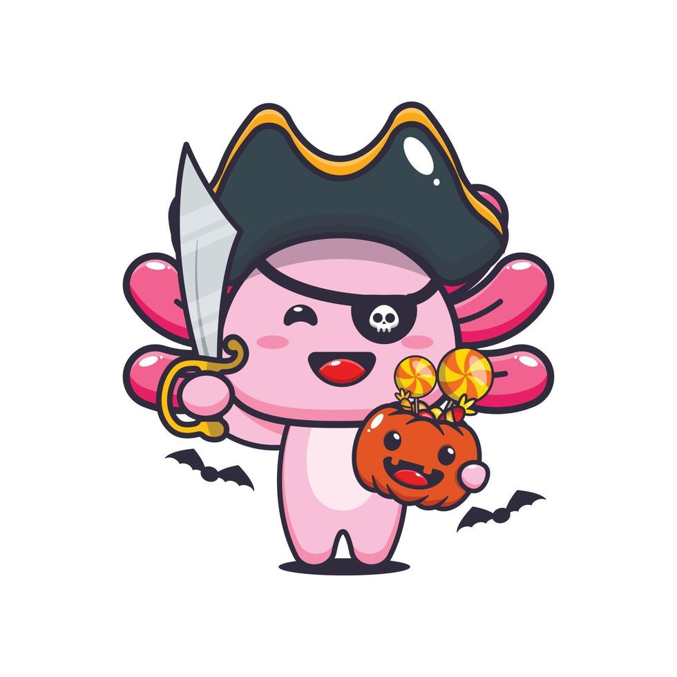 lindos piratas axolotl en el día de halloween. linda ilustración de dibujos animados de halloween. vector