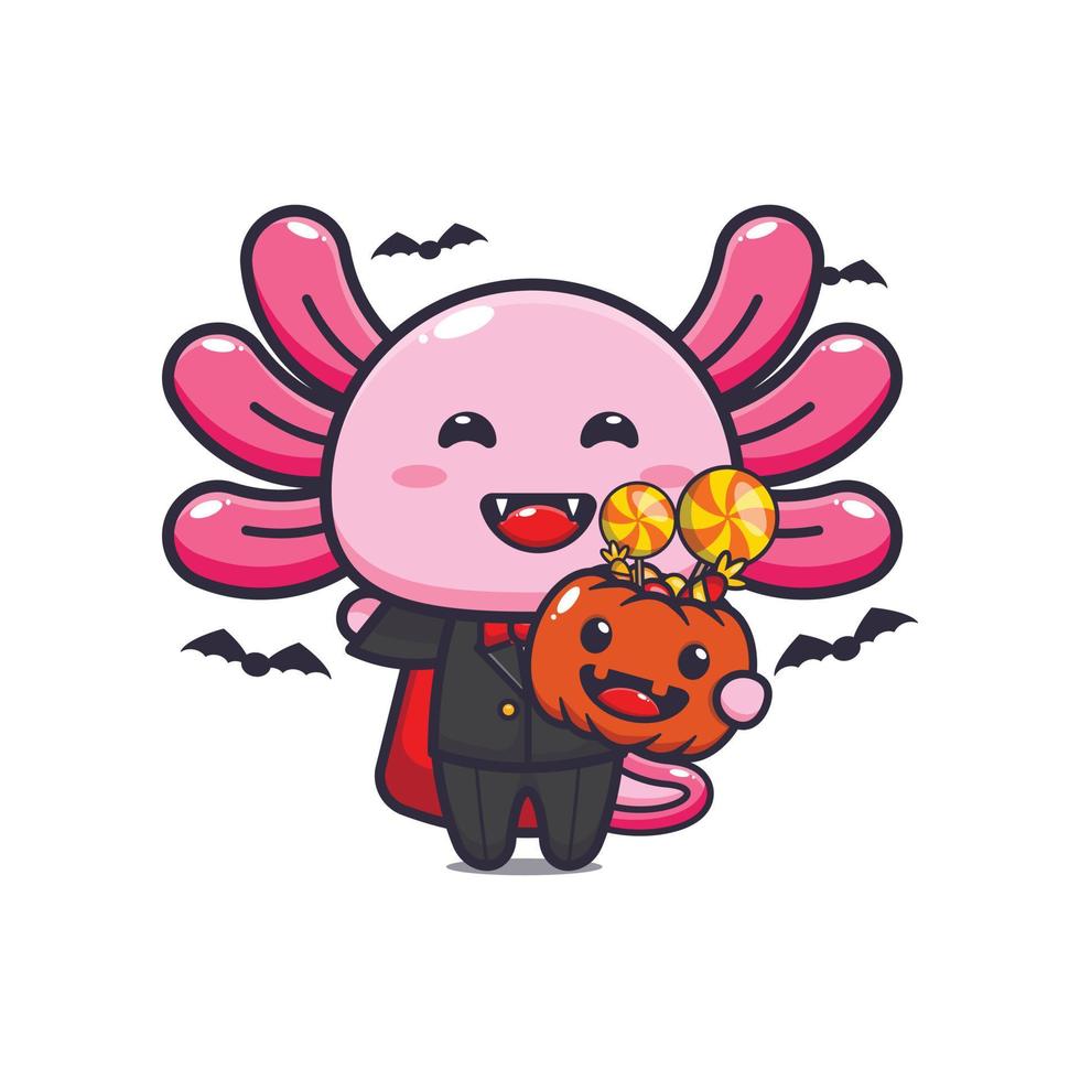 lindo vampiro axolotl sosteniendo calabaza de halloween. linda ilustración de dibujos animados de halloween. vector