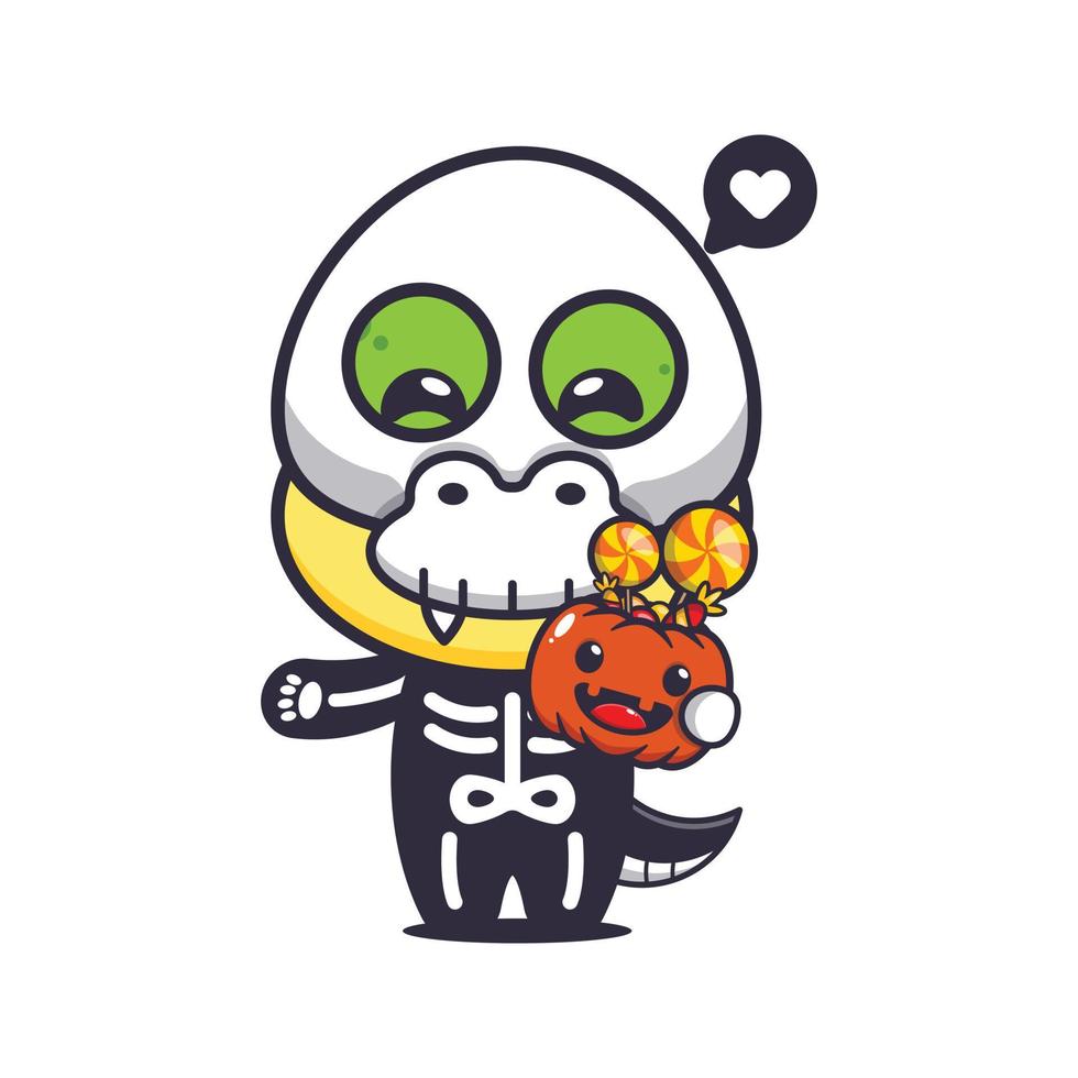 Cute dino with skeleton costume holding halloween pumpkin. Cute halloween cartoon illustration. vector
