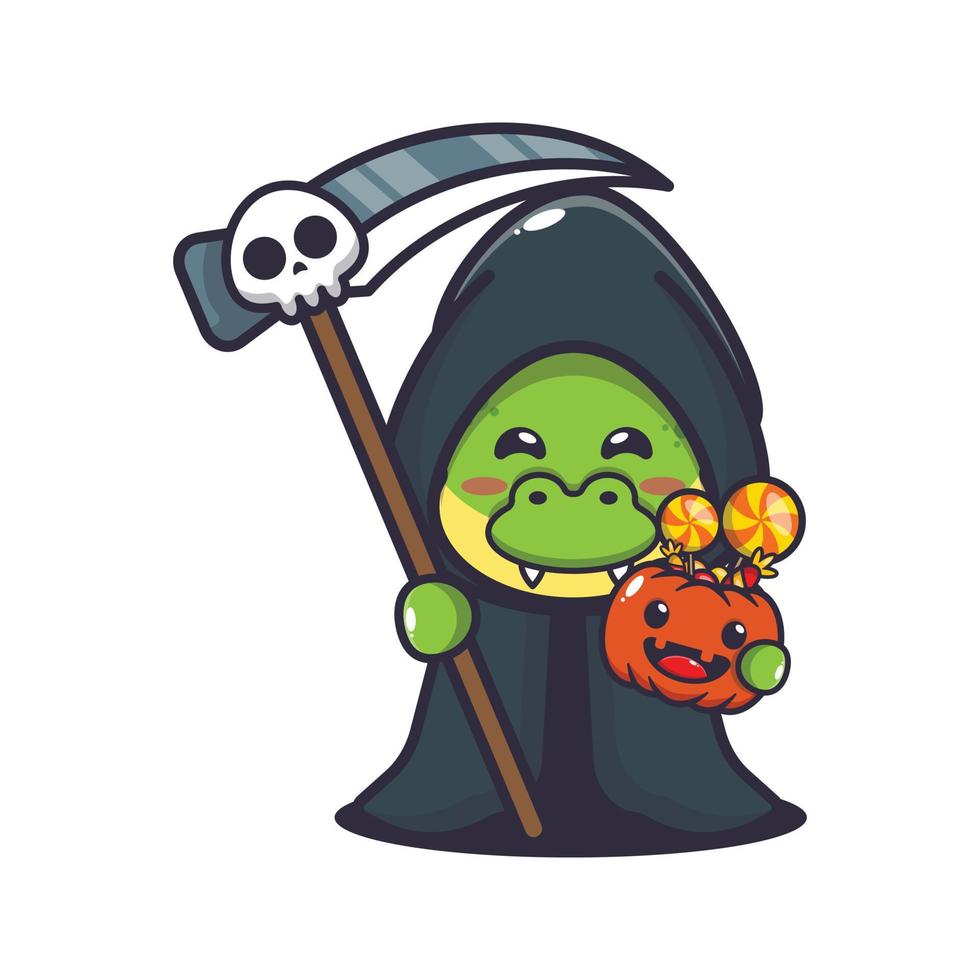 Cute grim reaper dino holding scythe and halloween pumpkin. Cute halloween cartoon illustration. vector