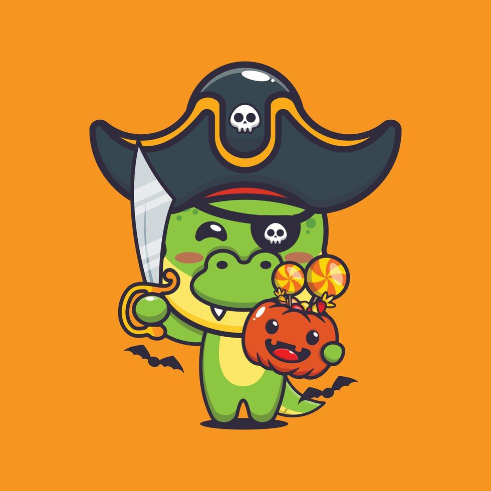 lindos piratas dino en el día de halloween. linda ilustración de dibujos animados de halloween. vector