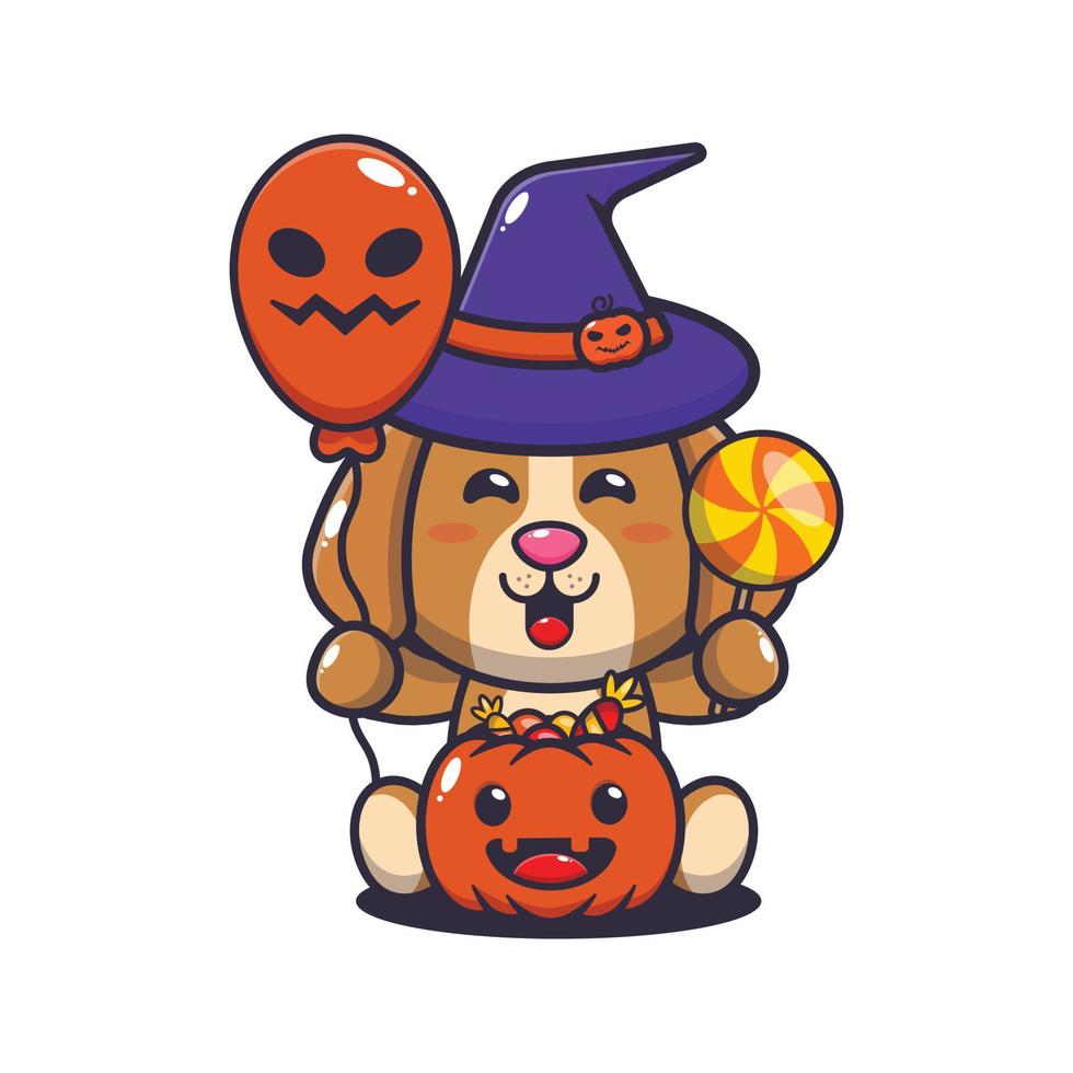 lindo perro bruja sosteniendo globos y dulces de halloween. linda ilustración de dibujos animados de halloween. vector