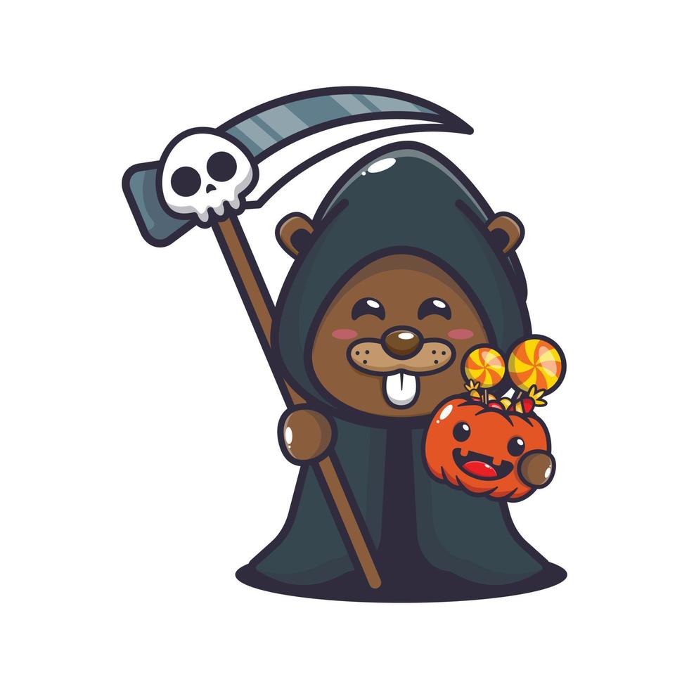 Cute grim reaper beaver holding scythe and halloween pumpkin. Cute halloween cartoon illustration. vector