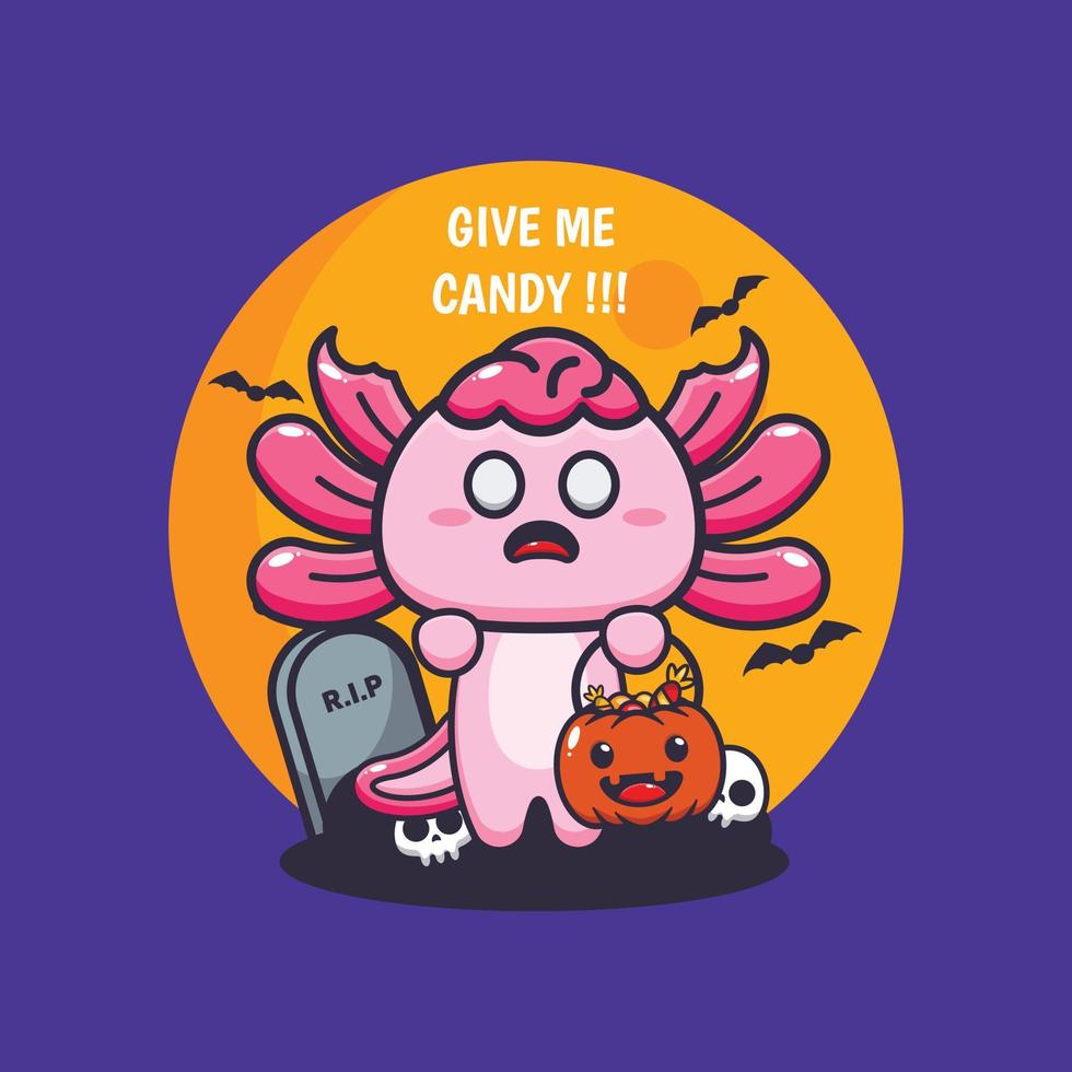 lindo zombie axolotl quiere dulces. linda ilustración de dibujos animados de halloween. vector