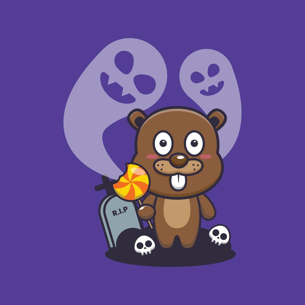 Cute beaver scared by ghost in halloween day. Cute halloween cartoon illustration. vector