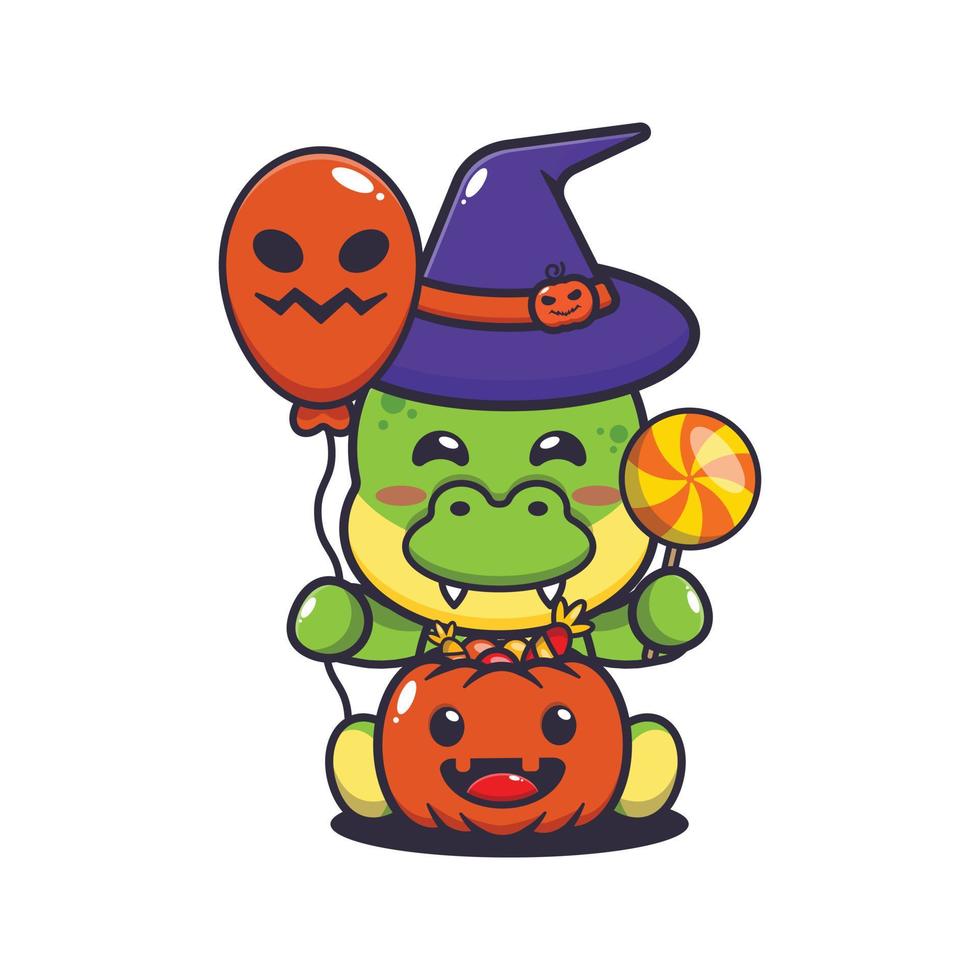 Cute witch dino holding halloween balloon and candy. Cute halloween cartoon illustration. vector