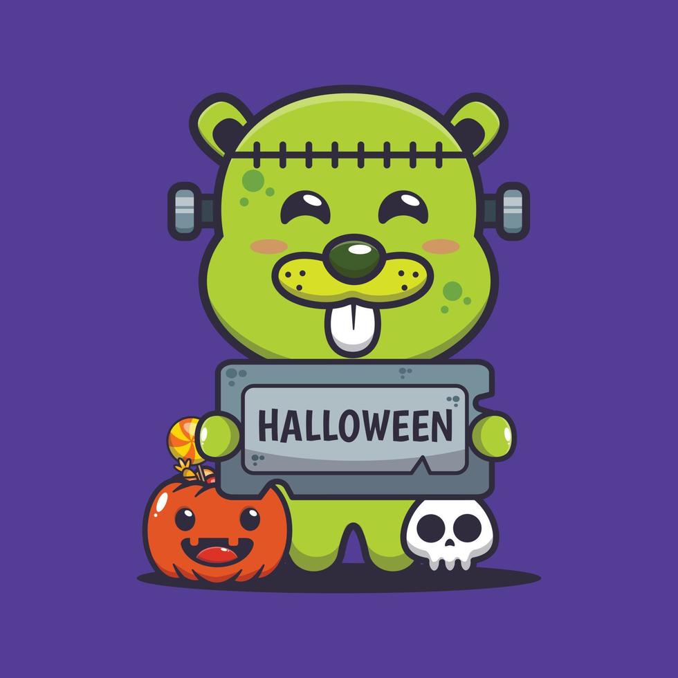 lindo castor zombie sosteniendo piedra de saludo de halloween. linda ilustración de dibujos animados de halloween. vector