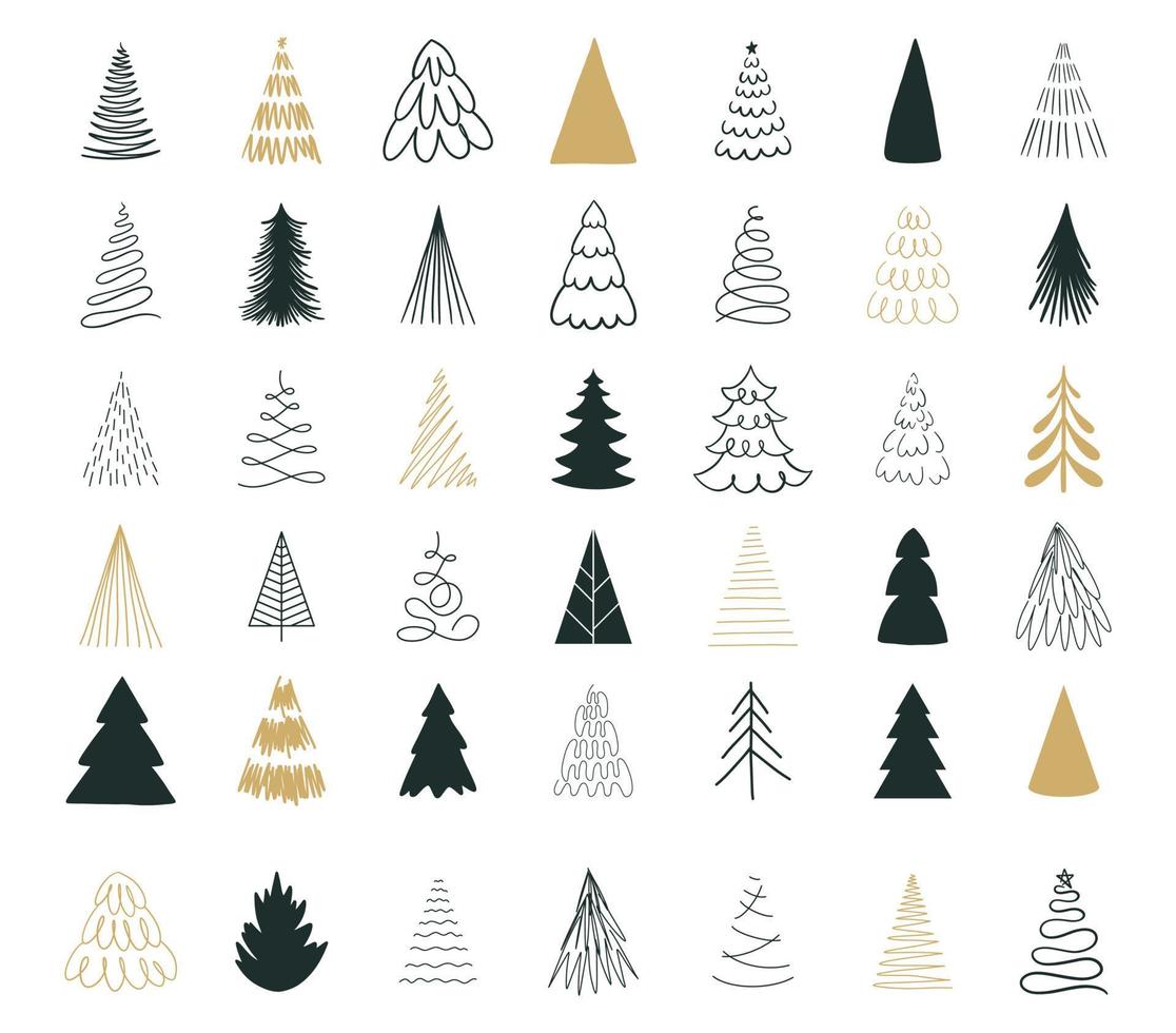 Hand drawn set of Christmas line art trees. New Year illustration. Abstract doodle drawing woods. Merry Christmas vector