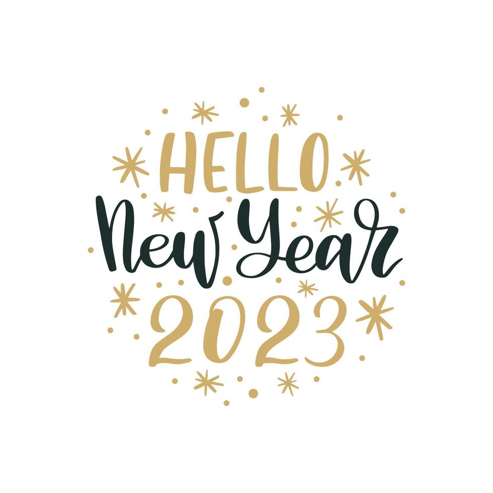 Hello New Year 2023. Merry Christmas and Happy New Year lettering. Winter holiday greeting card, xmas quotes and phrases illustration set. Typography collection for banners, postcard, greeting cards vector