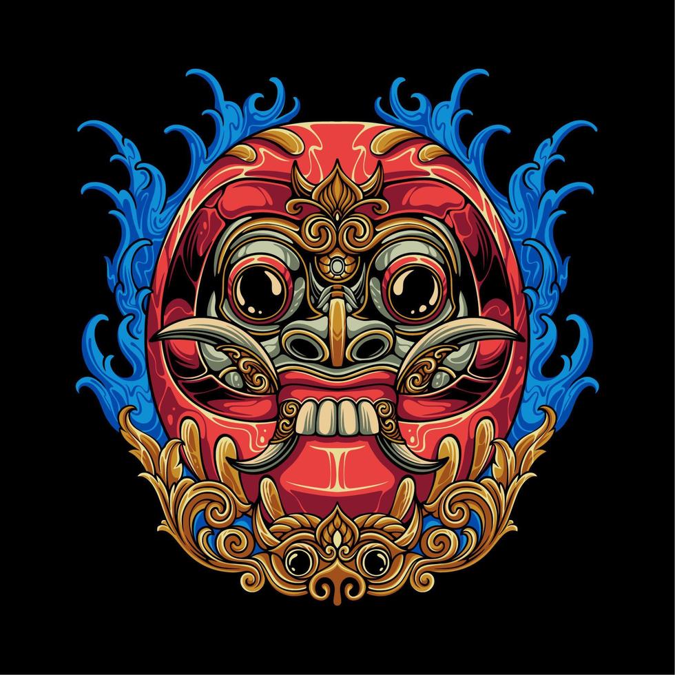 Colorful Japanese daruma blend with Balinese Rangda mask with ornaments and water background for t shirt design vector