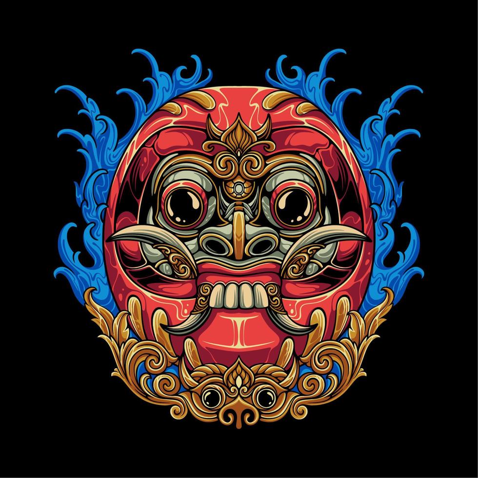 colorida mezcla japonesa de daruma con máscara de rangda balinesa con adornos y fondo de agua para el diseño de camisetas vector