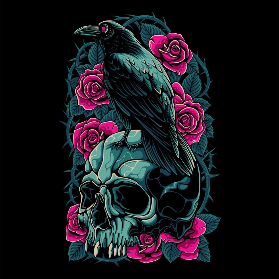 colorido un cráneo con un cuervo posado sobre un fondo rosa para el diseño de camisetas vector