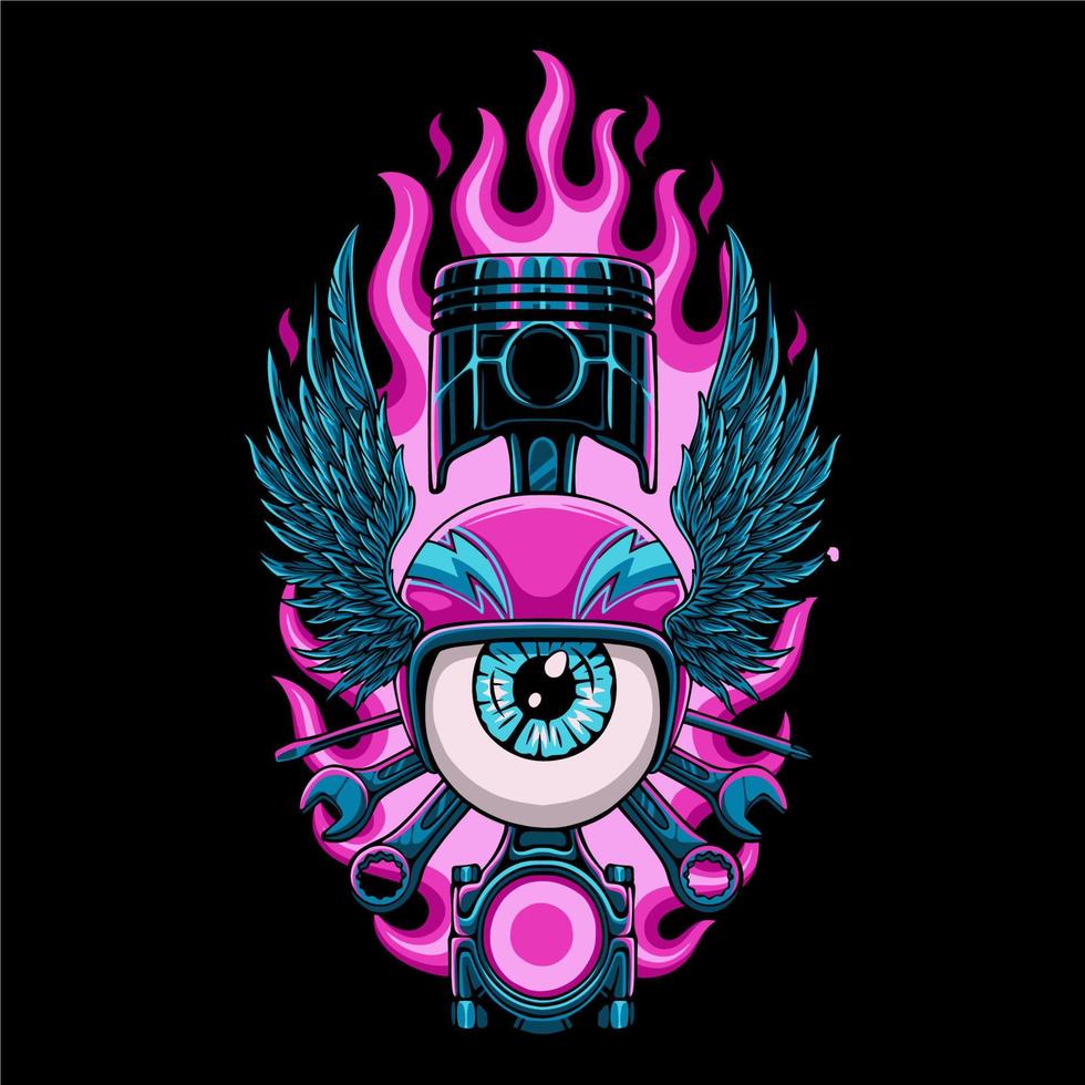 colorful Eyeball wearing helmet with wrench, assorted workshop keys and pistons on fire background for t shirt design vector