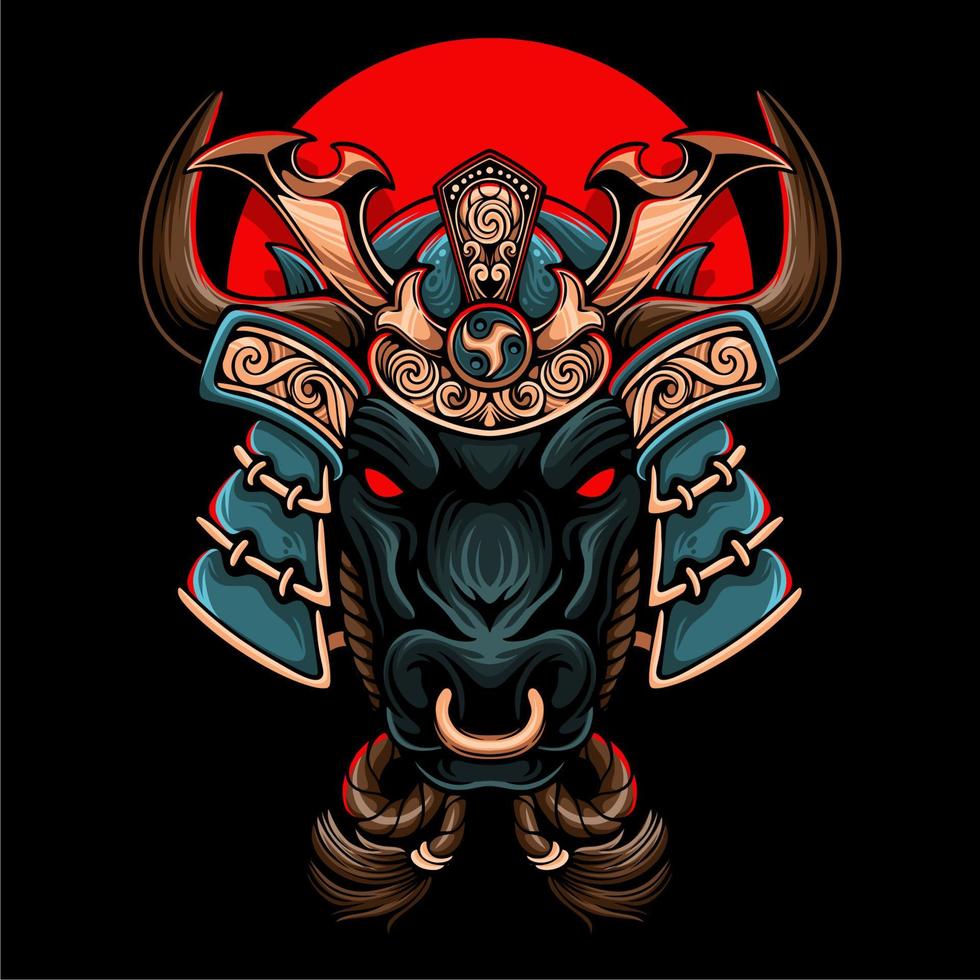 Colorful the bull wearing japanese samurai helmet with carving and rope around his neck on circle background vector
