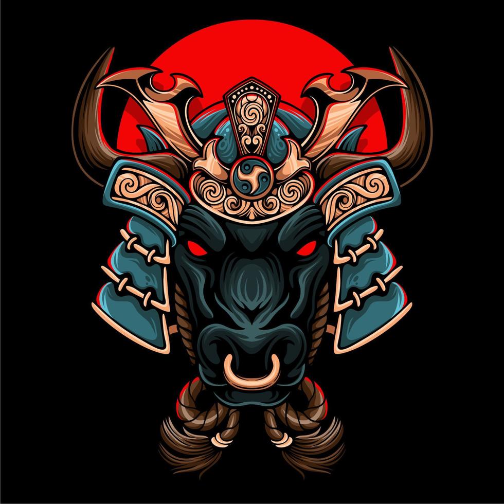 Colorful the bull wearing japanese samurai helmet with carving and rope around his neck on circle background vector