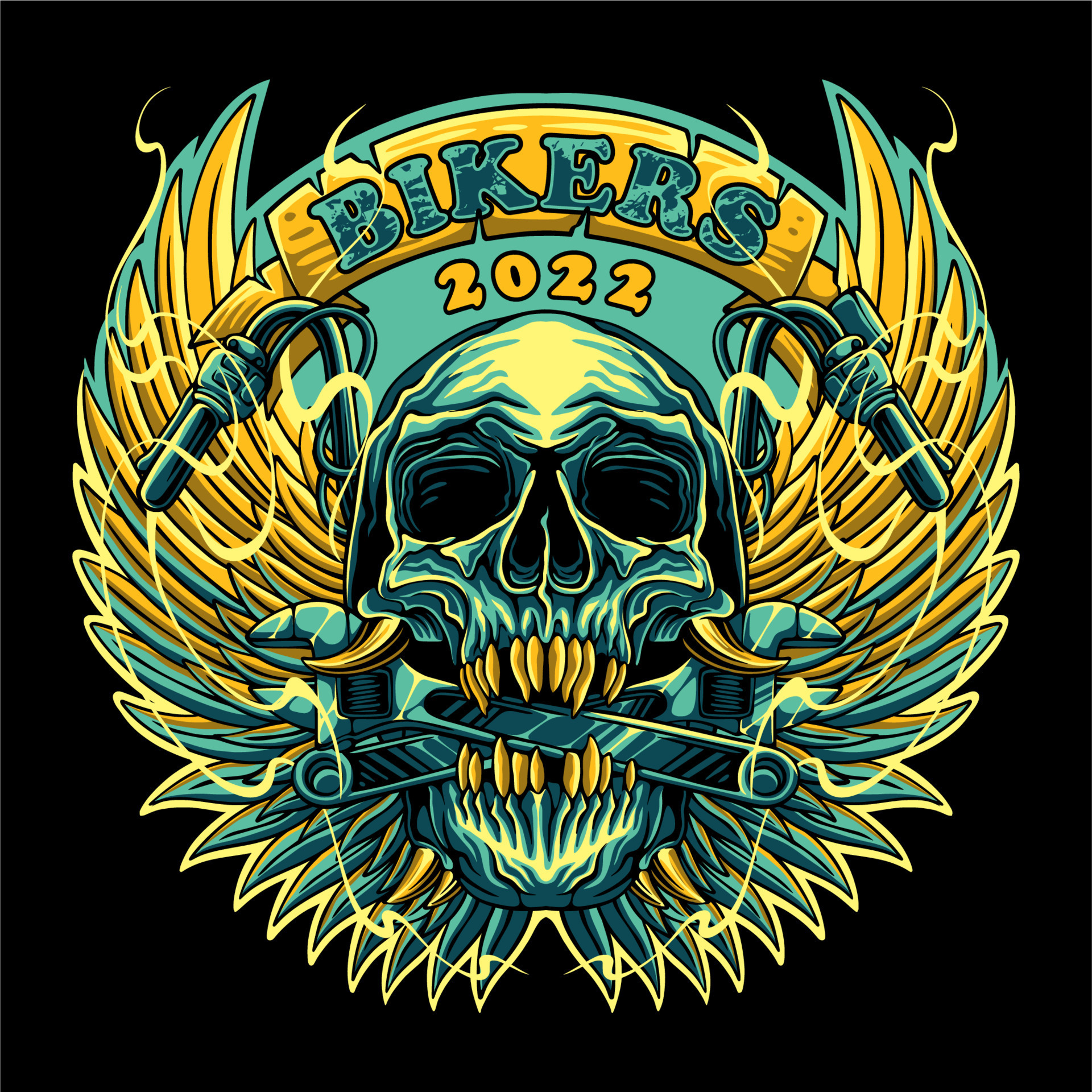 Colorful Devil skull biting wrench with motorcycle handlebar on it and