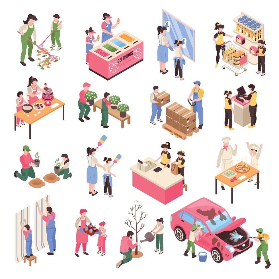 Isometric Teenagers Work Set vector