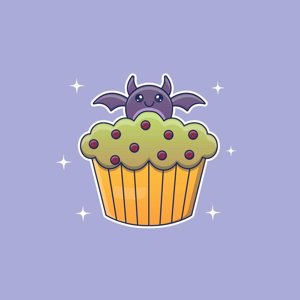 lindo cupcake de murciélago de dibujos animados en ilustración vectorial vector